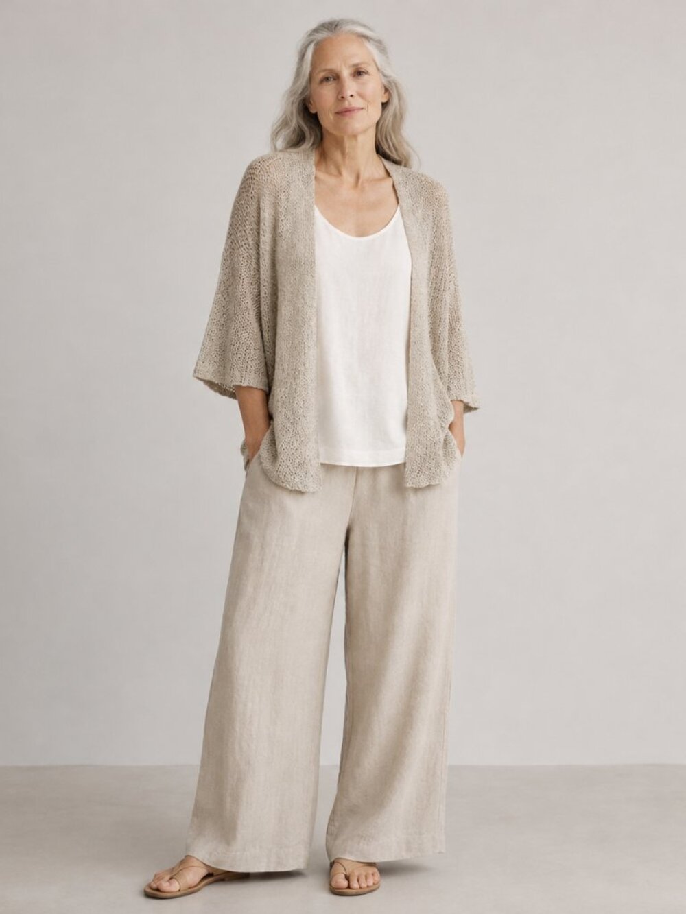Eileen Fisher Linen Blend Short Sleeve Open Front Cardigan Size 2X Beige Melange